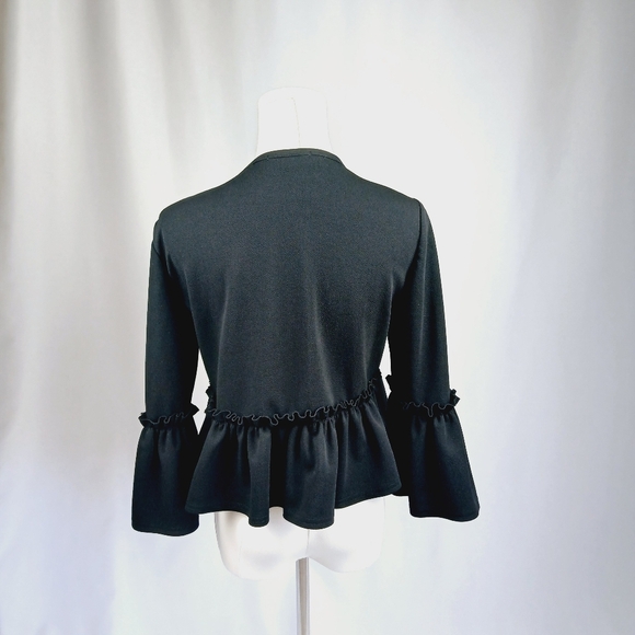 PrettyLittleThing Black Frill Cropped Jacket US 8 Open Front Peplum 3/4 Sleeve - Picture 3 of 5